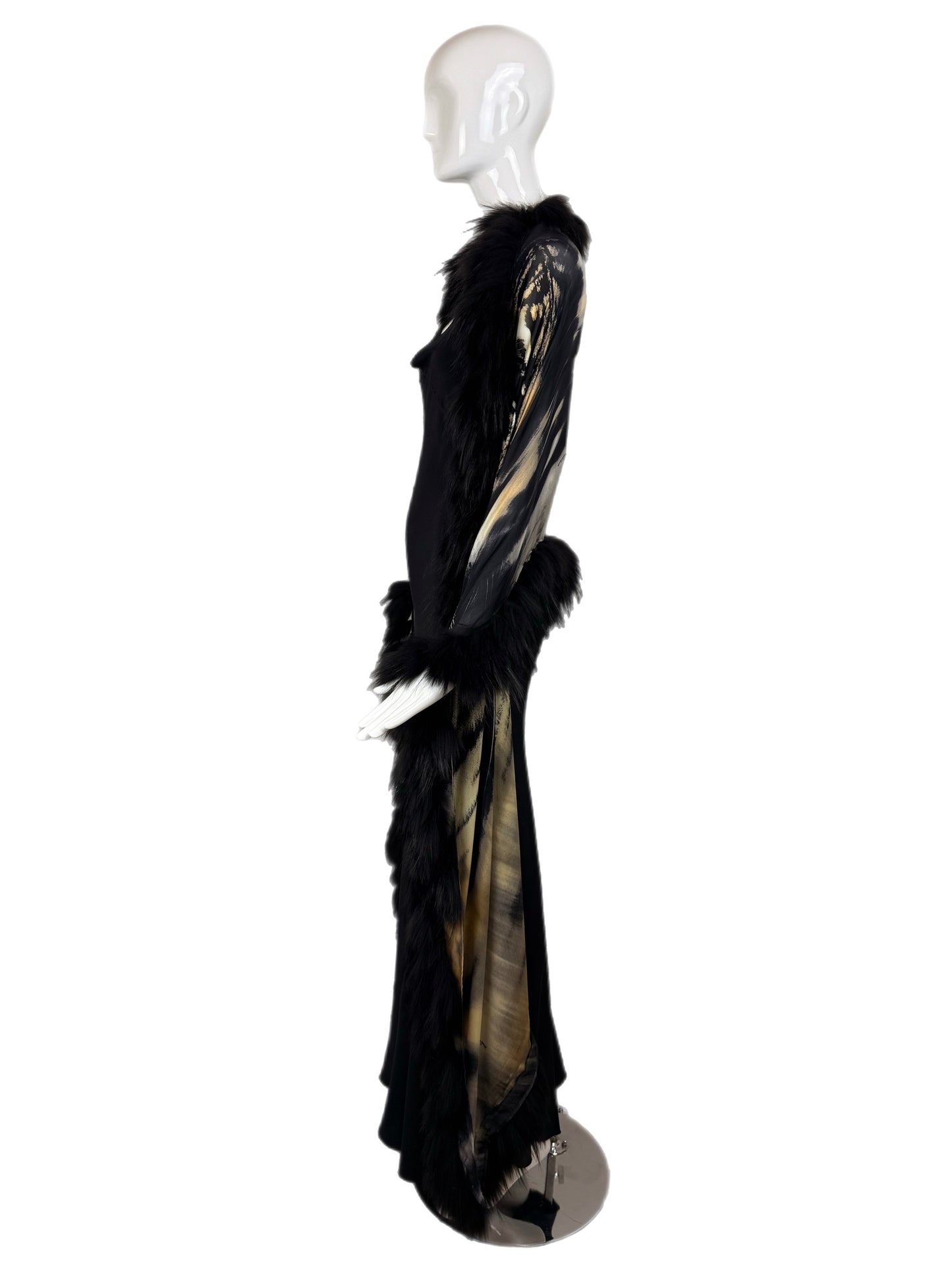 ROBERTO CAVALLI c. 2000 Vintage Fur + Silk Ensemble Maxi Dress Gown + Shawl Cape