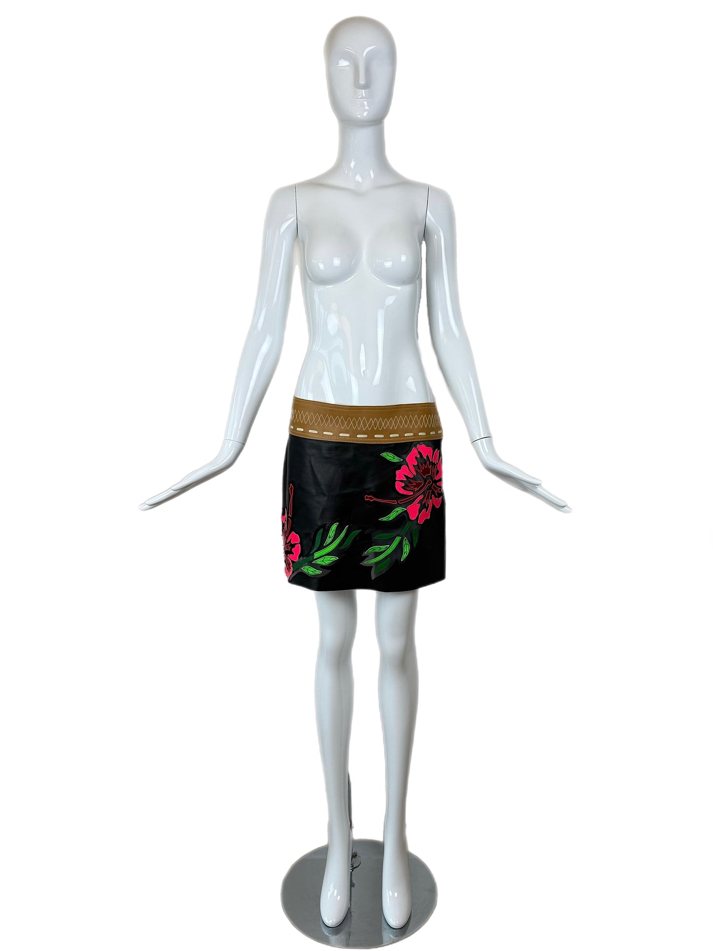 JITROIS Black Neon Floral Leather Mini Skirt
