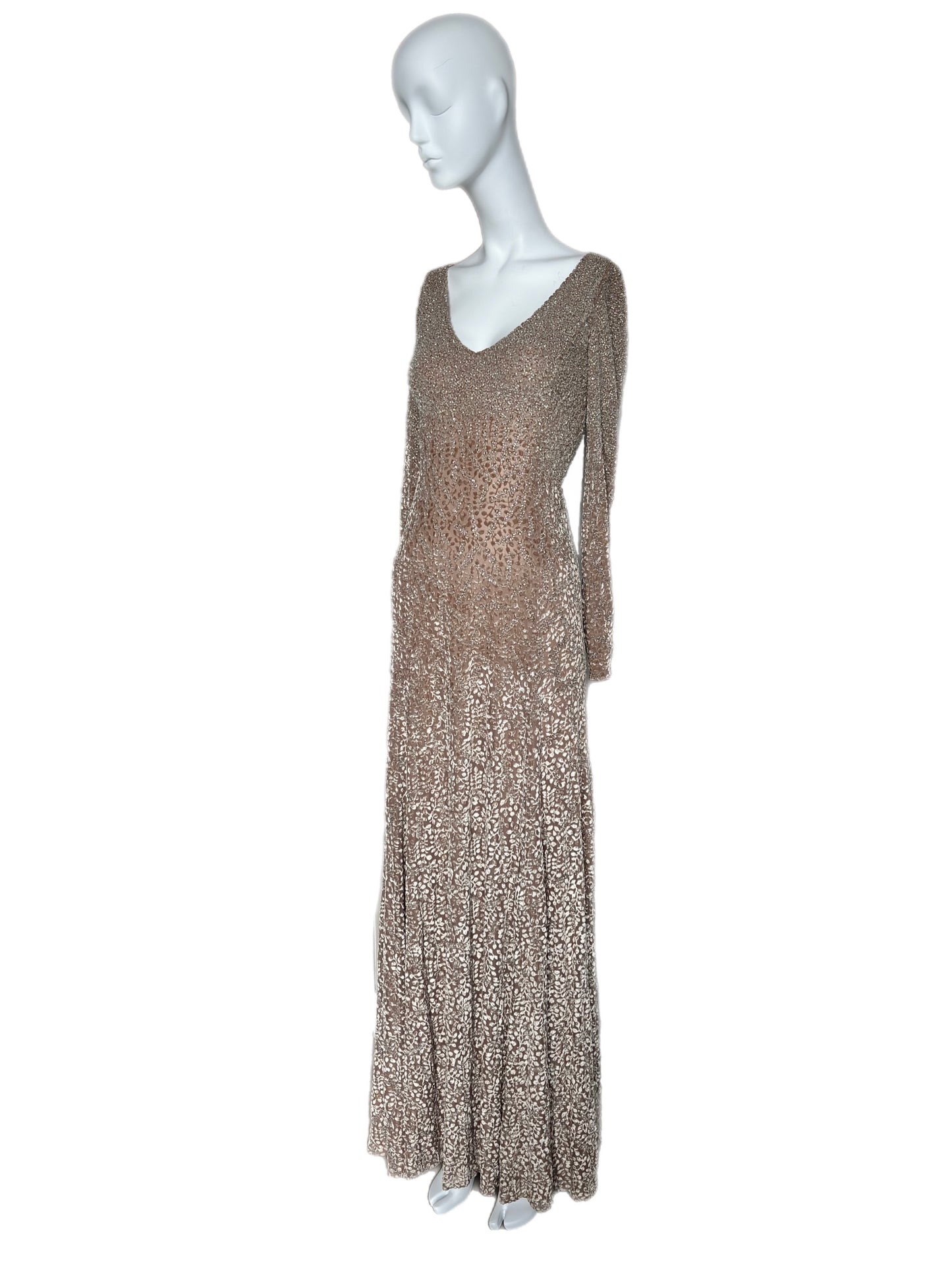 BADGLEY MISCHKA Vintage Long Sleeve Heavily Beaded Evening Gown