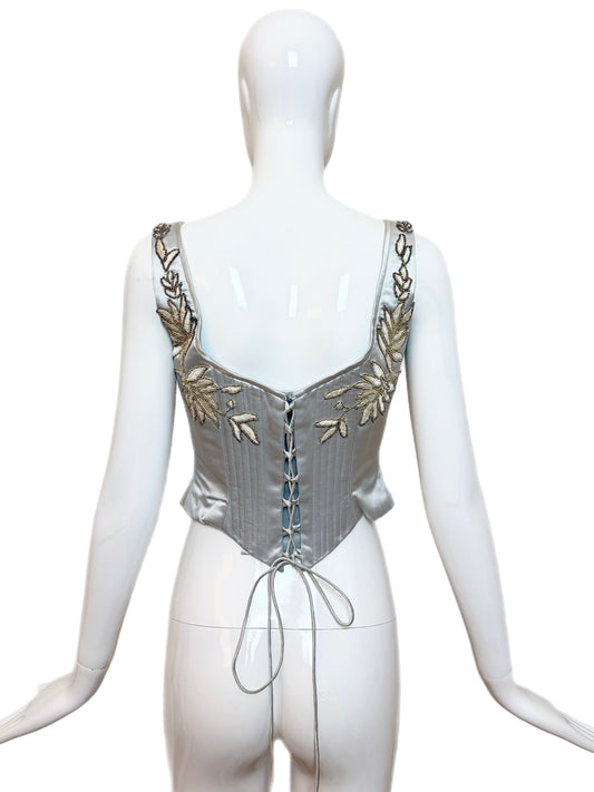 LES HABITUDES 90's Vintage Pale Blue Silk Hard Boned Hand Beaded Corset