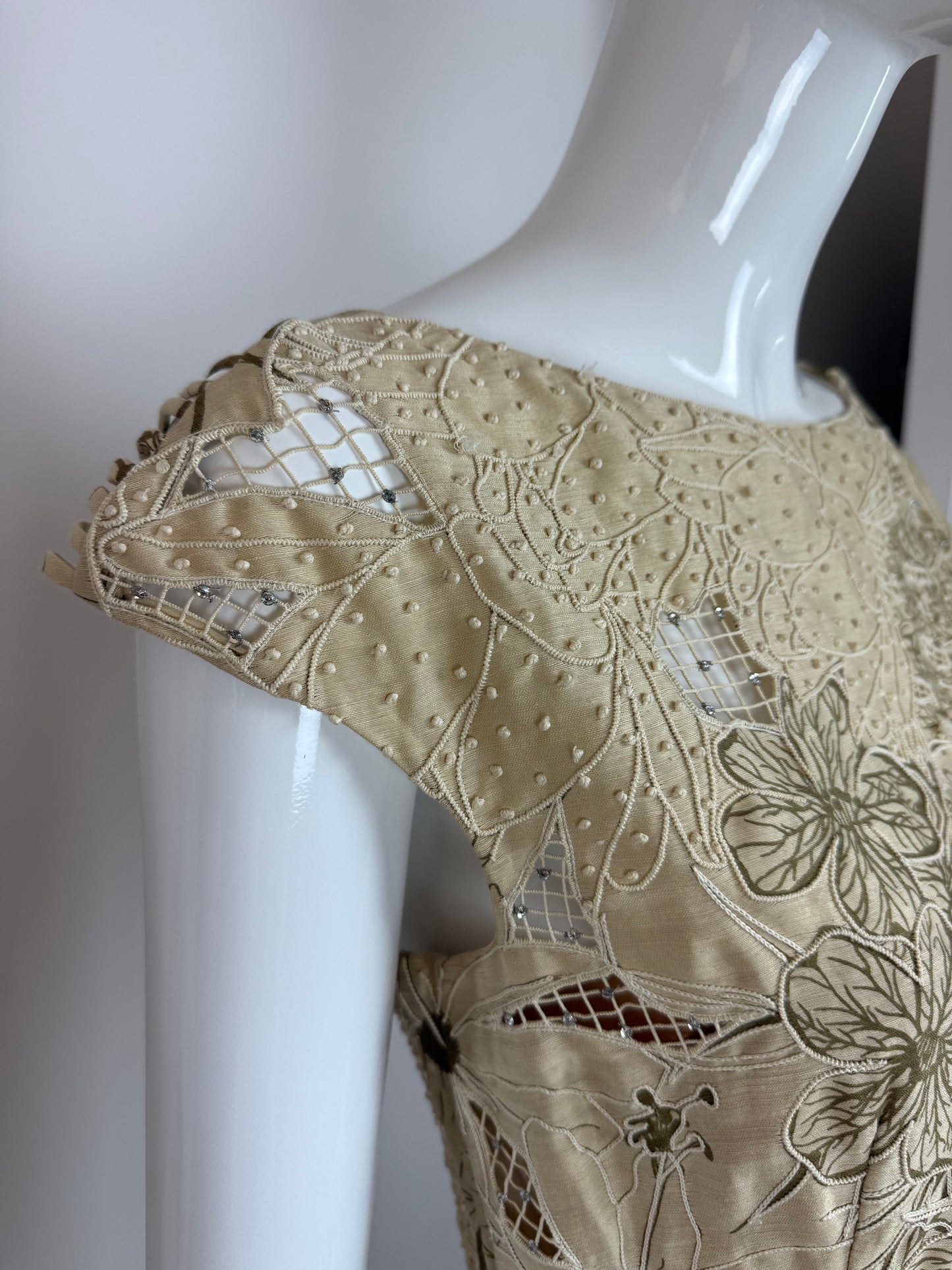 BADGLEY MISCHKA Vintage Floral Khaki Unique Evening Gown