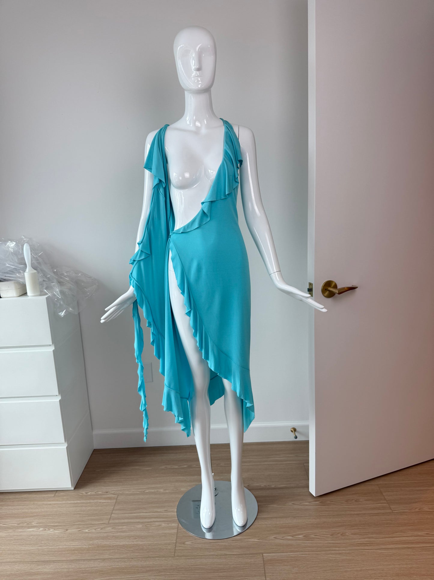 VERSACE 2004 Vintage Aqua Blue Ruffle Wrap Dress
