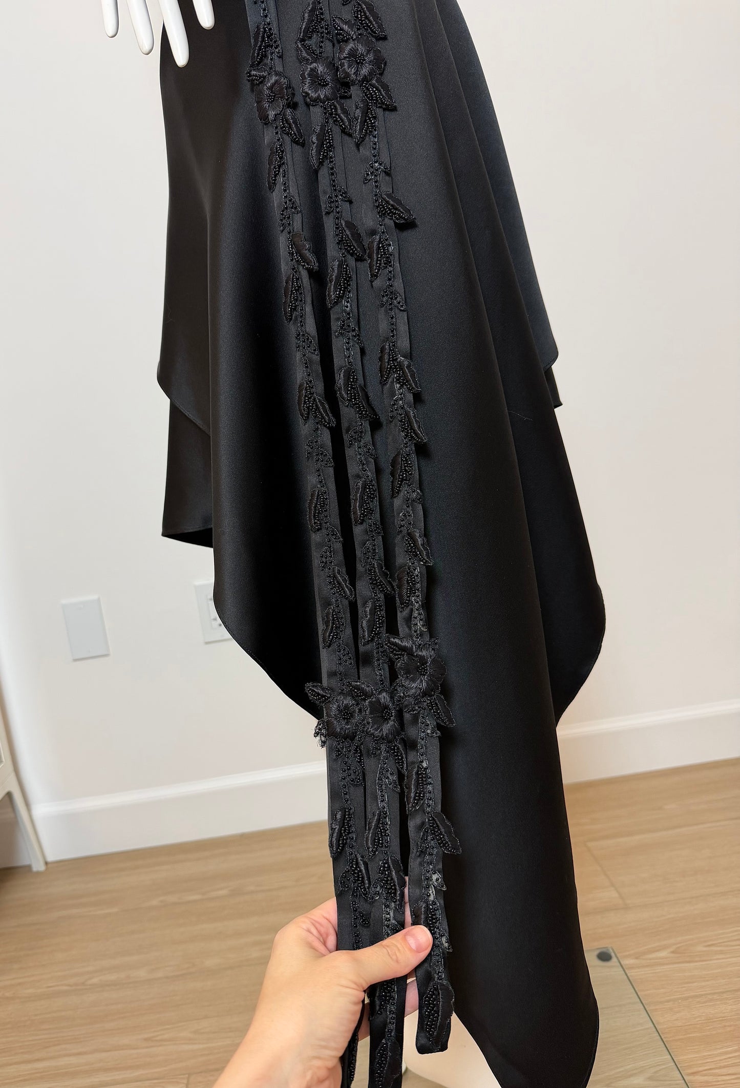 VINTAGE 90's Black Silk Floral Embroidered Handkerchief Asymmetrical Dress