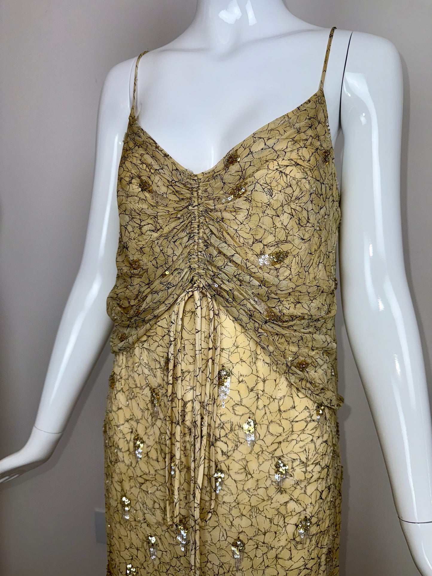 BADGLEY MISCHKA Vintage Silk Yellow Gold Embellished Gown