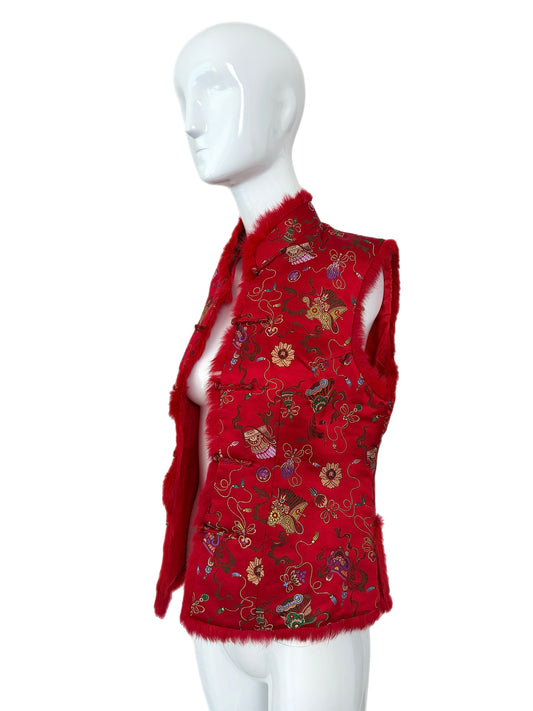 ADRIENNE LANDAU Vintage Red Chinoiserie Fur Trimmed Lightweight Vest