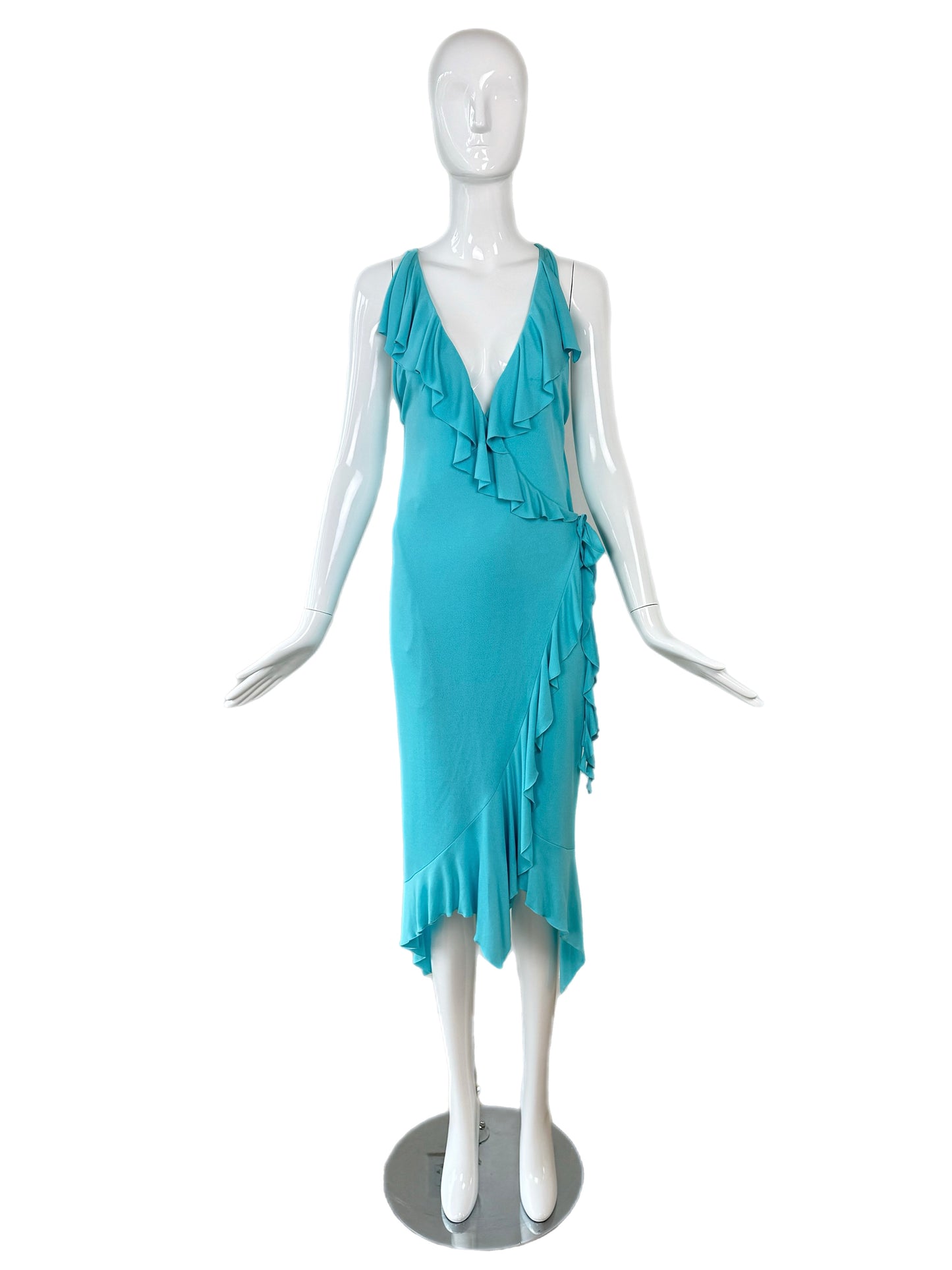 VERSACE 2004 Vintage Aqua Blue Ruffle Wrap Dress