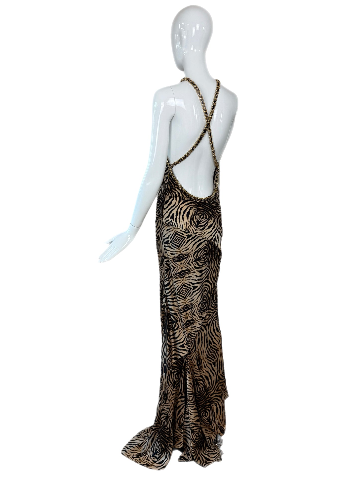 ROBERTO CAVALLI 2006 Vintage Silk Animal Print Gown w. Gold Chains