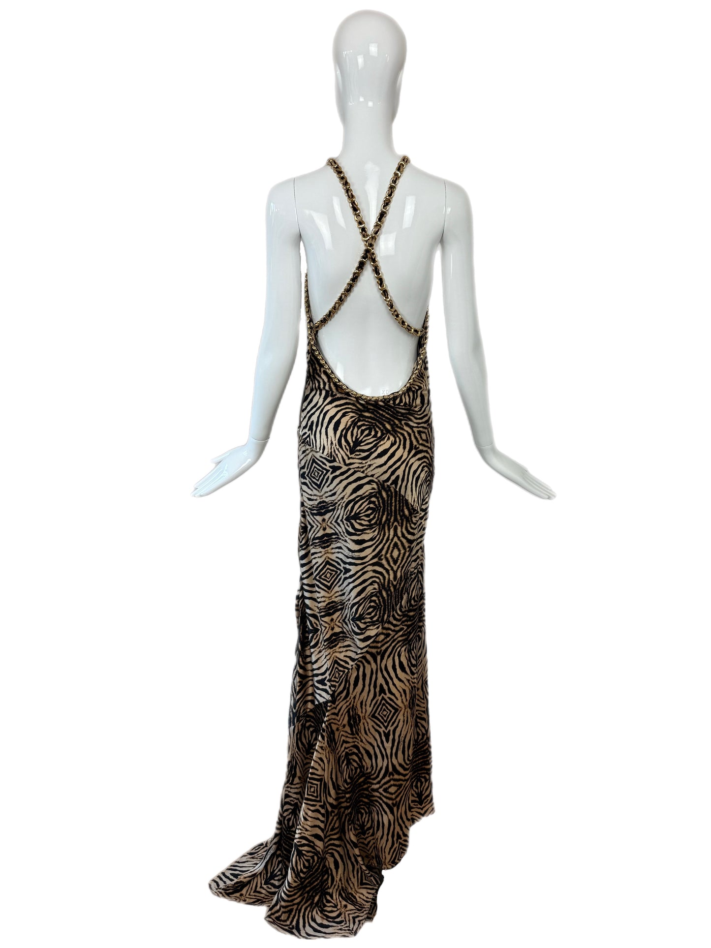 ROBERTO CAVALLI 2006 Vintage Silk Animal Print Gown w. Gold Chains