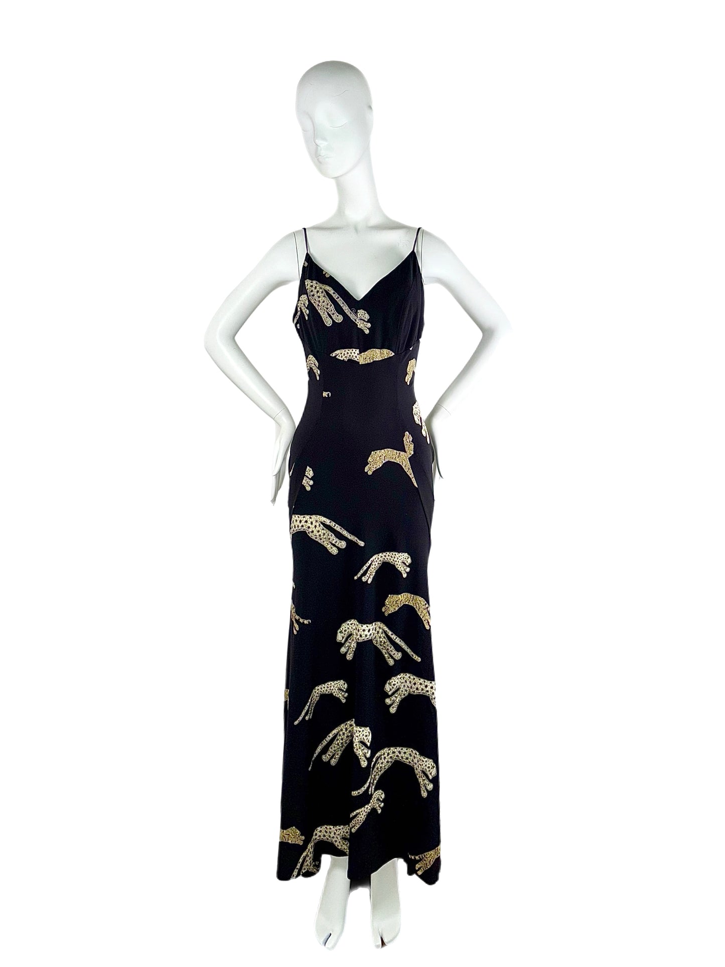 ROBERTO CAVALLI 2002 Vintage Black Silk Leopard Evening Gown