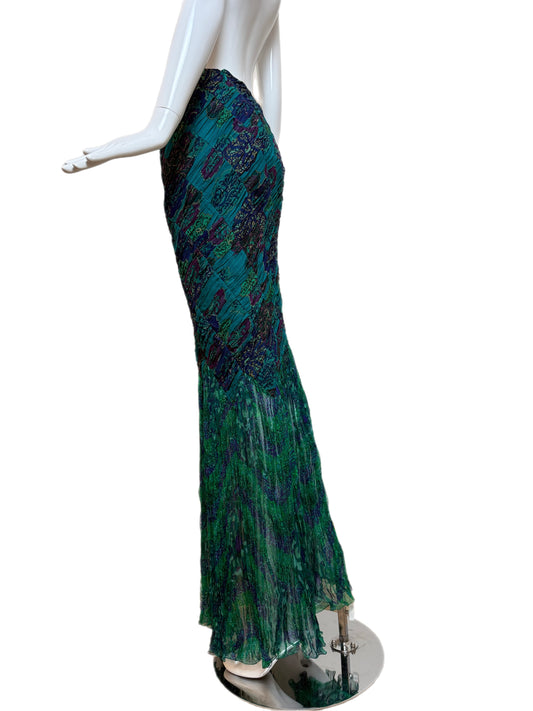 EMANUEL UNGARO 2005 Vintage Silk Ruched Vivid Paisley Print Maxi Skirt