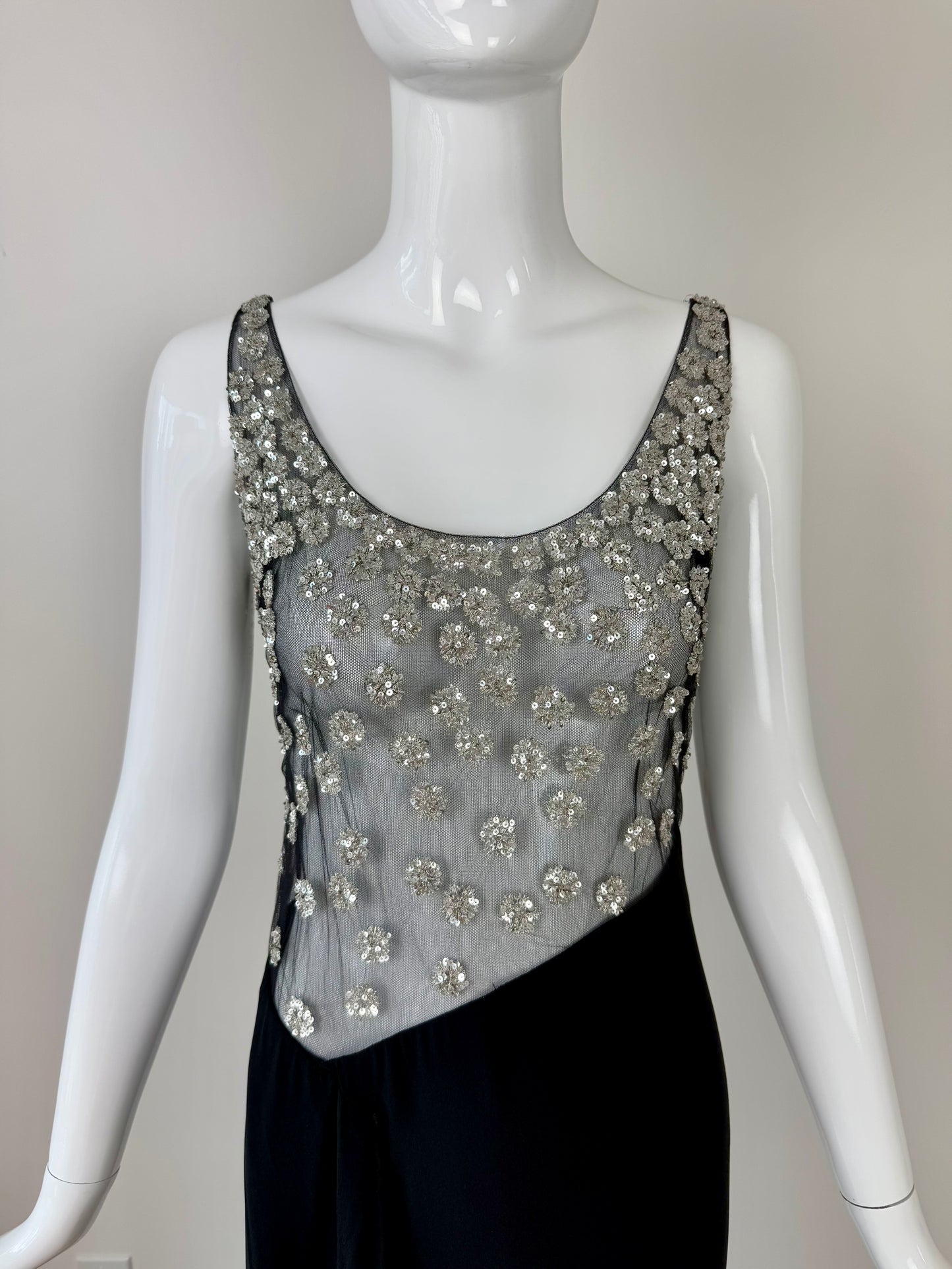 VALENTINO 2000 Vintage Black Silk w. Silver Embellishments Evening Gown