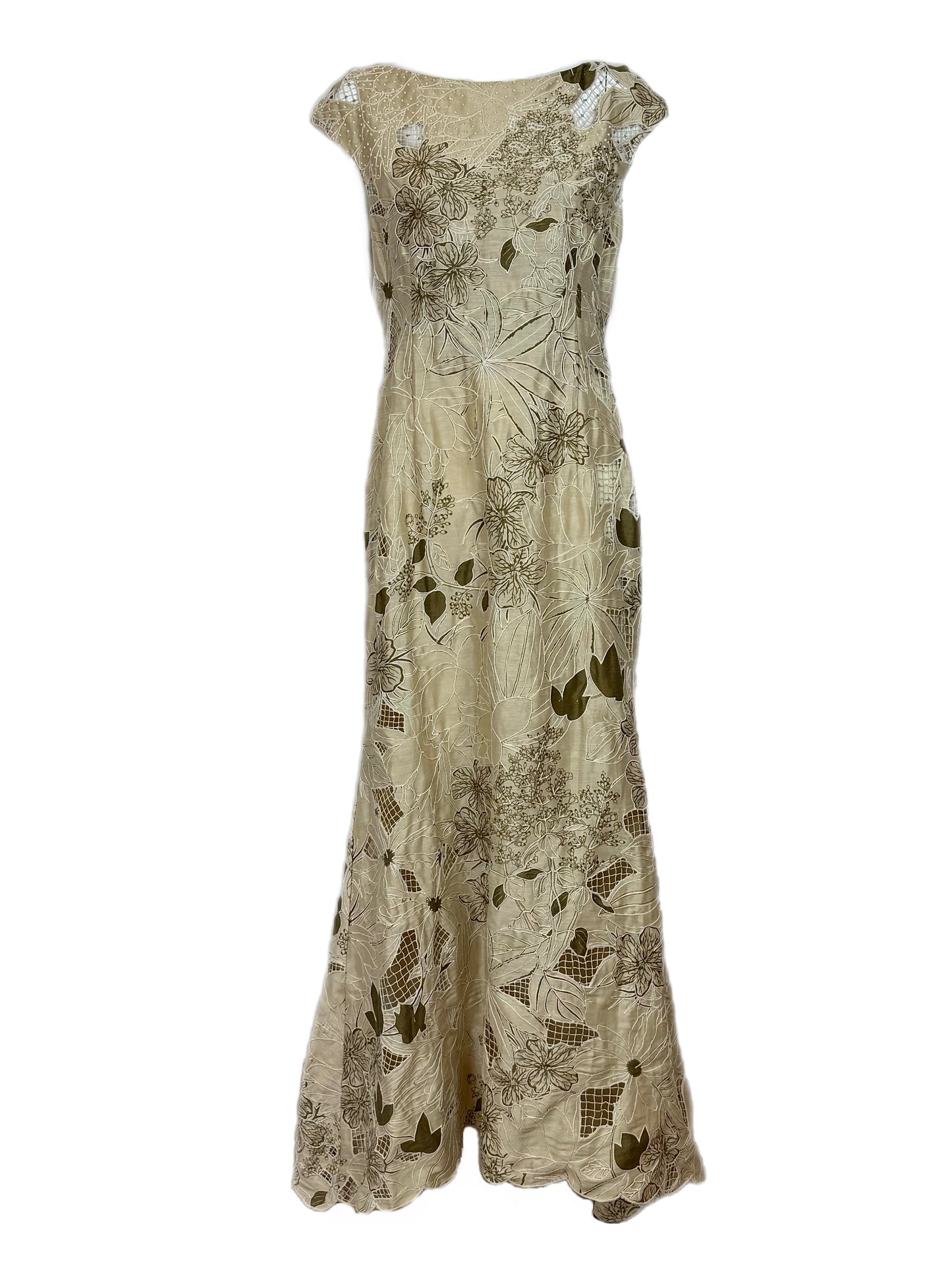 BADGLEY MISCHKA Vintage Floral Khaki Unique Evening Gown