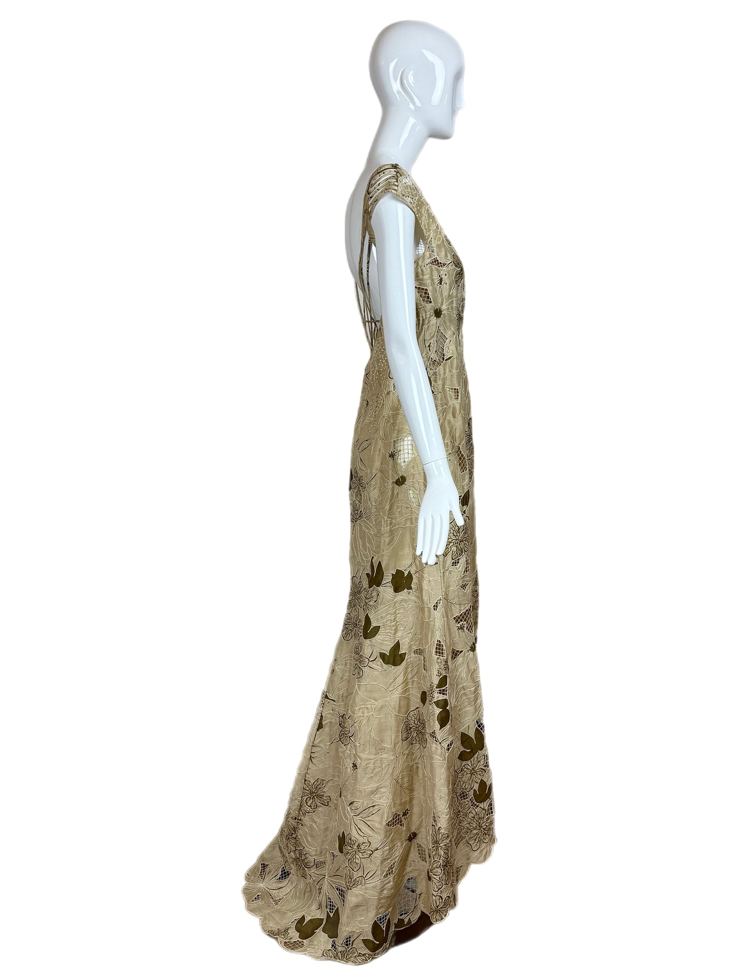 BADGLEY MISCHKA Vintage Floral Khaki Unique Evening Gown