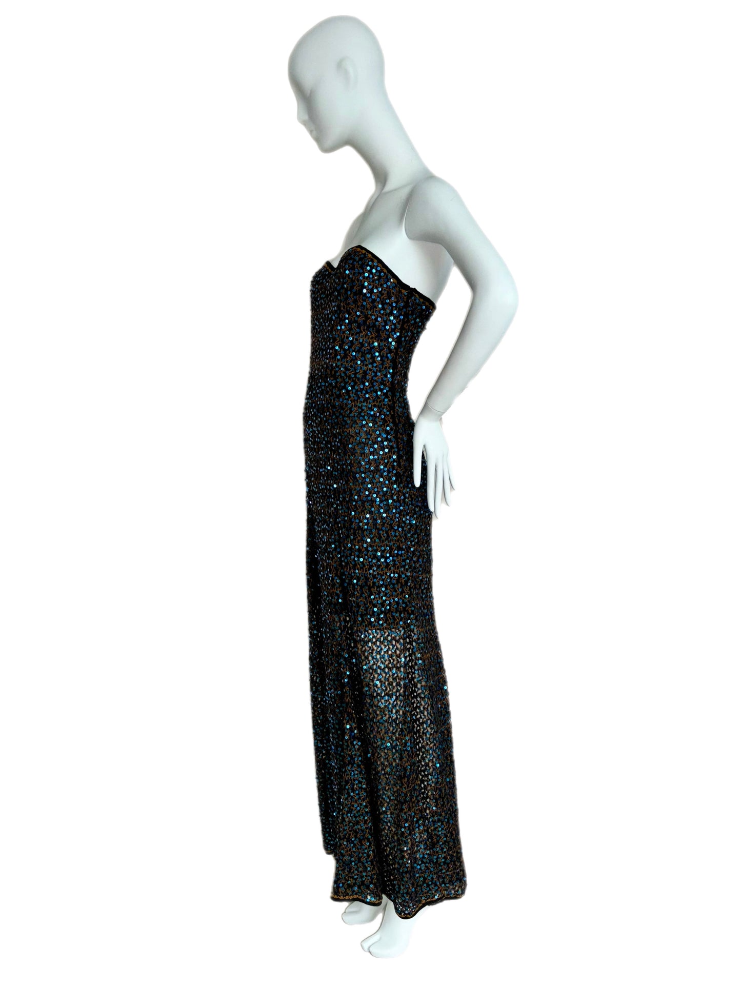 MISSONI Vintage Blue & Orange Sequin Semi-Sheer Maxi Dress