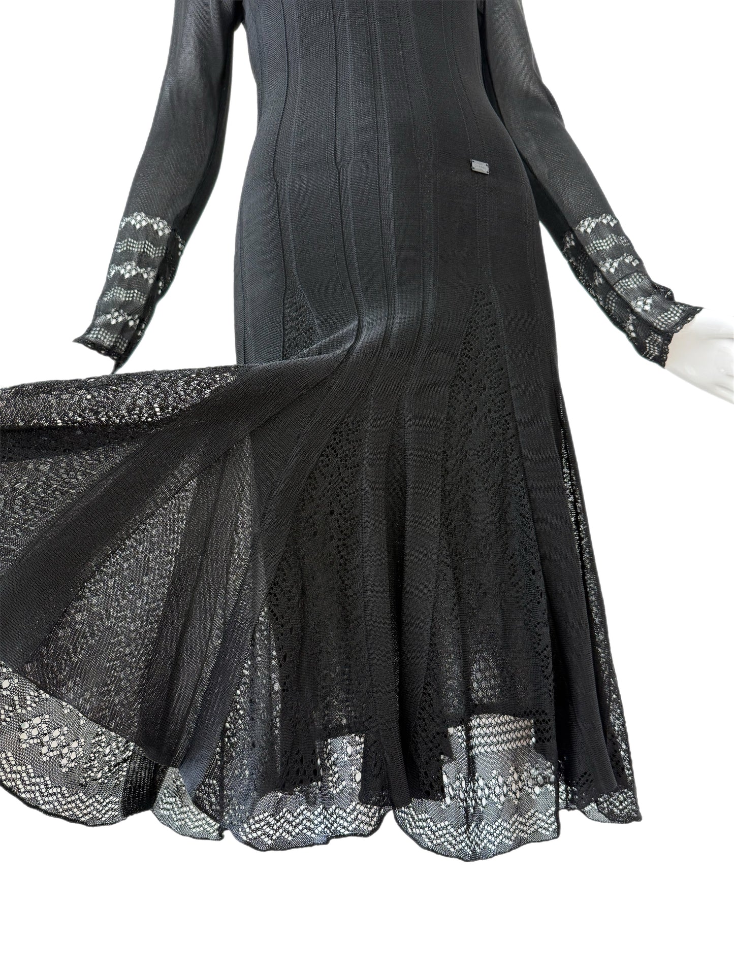 CHANEL 2005 Vintage Long Sleeve Black Lace Pointelle Dress