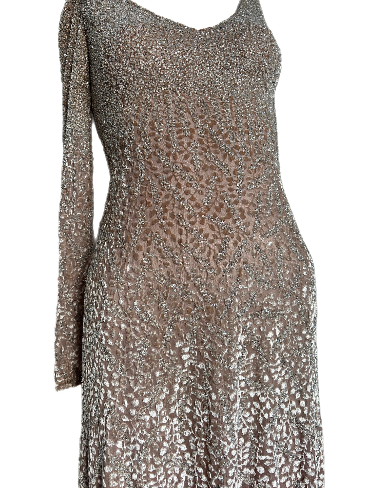 BADGLEY MISCHKA Vintage Long Sleeve Heavily Beaded Evening Gown