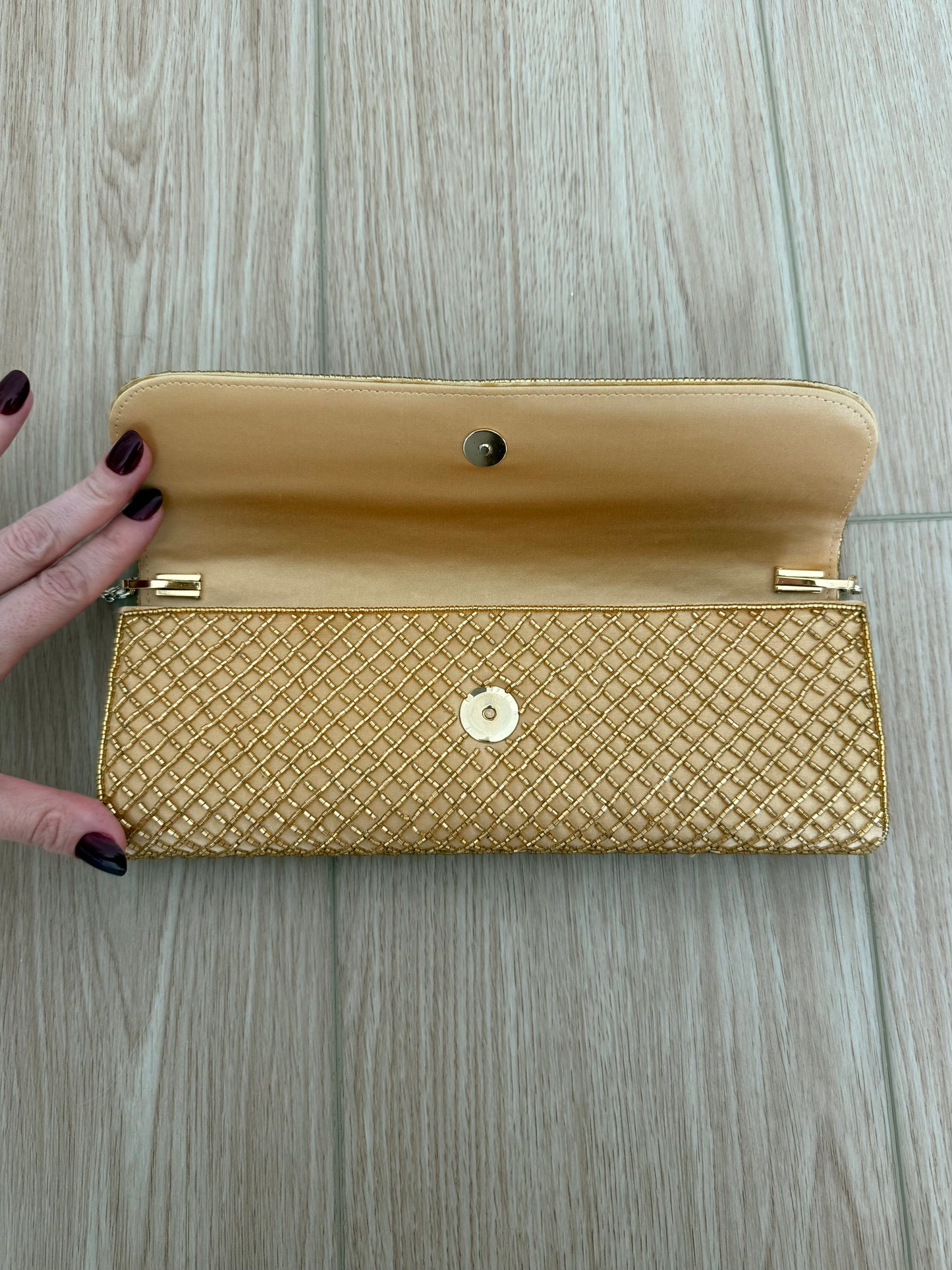 BADGLEY MISCHKA Gold Beaded Satin Envelope Evening Bag