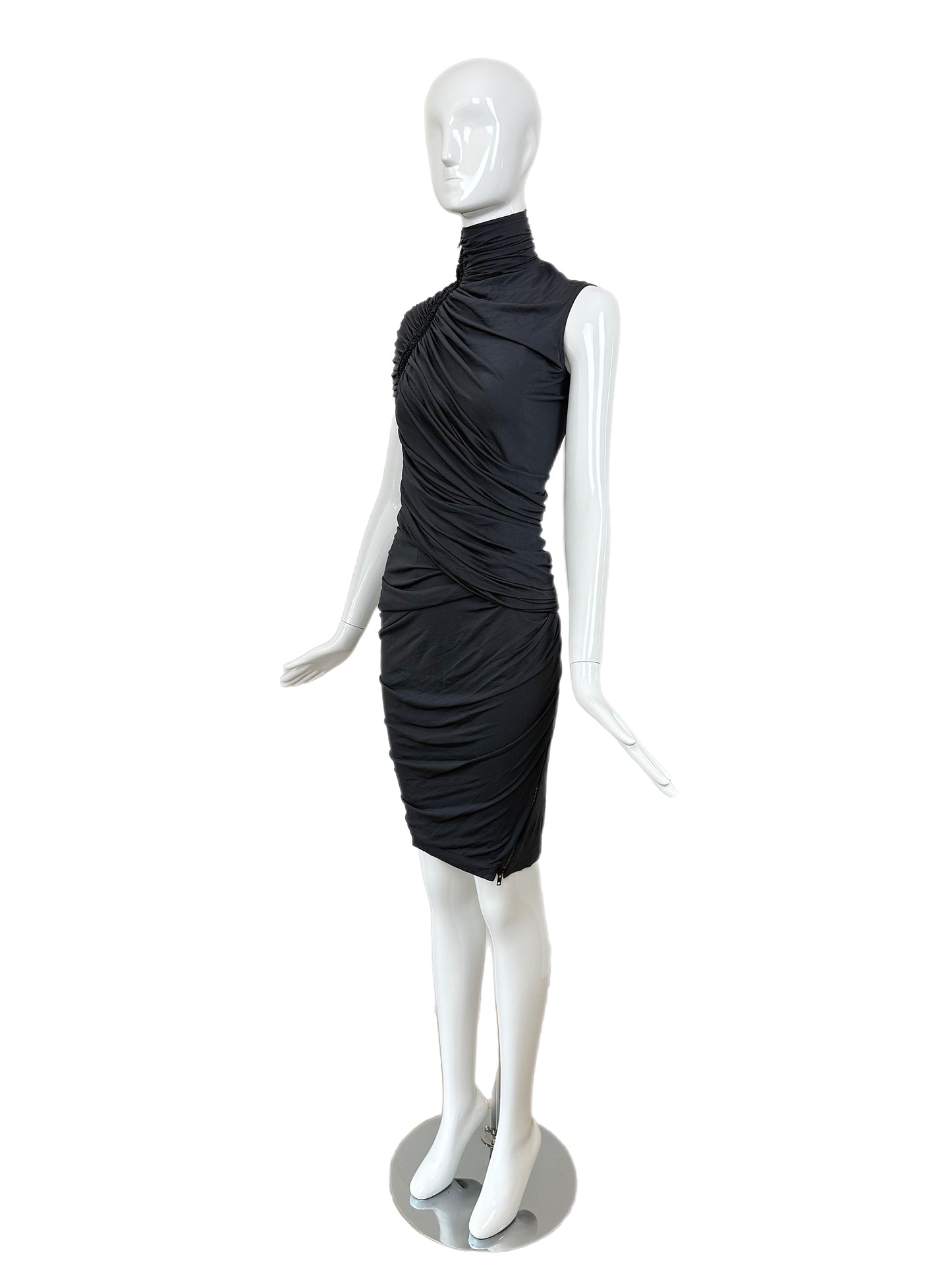 DONNA KARAN Vintage Grey Ruched Zipper Dress