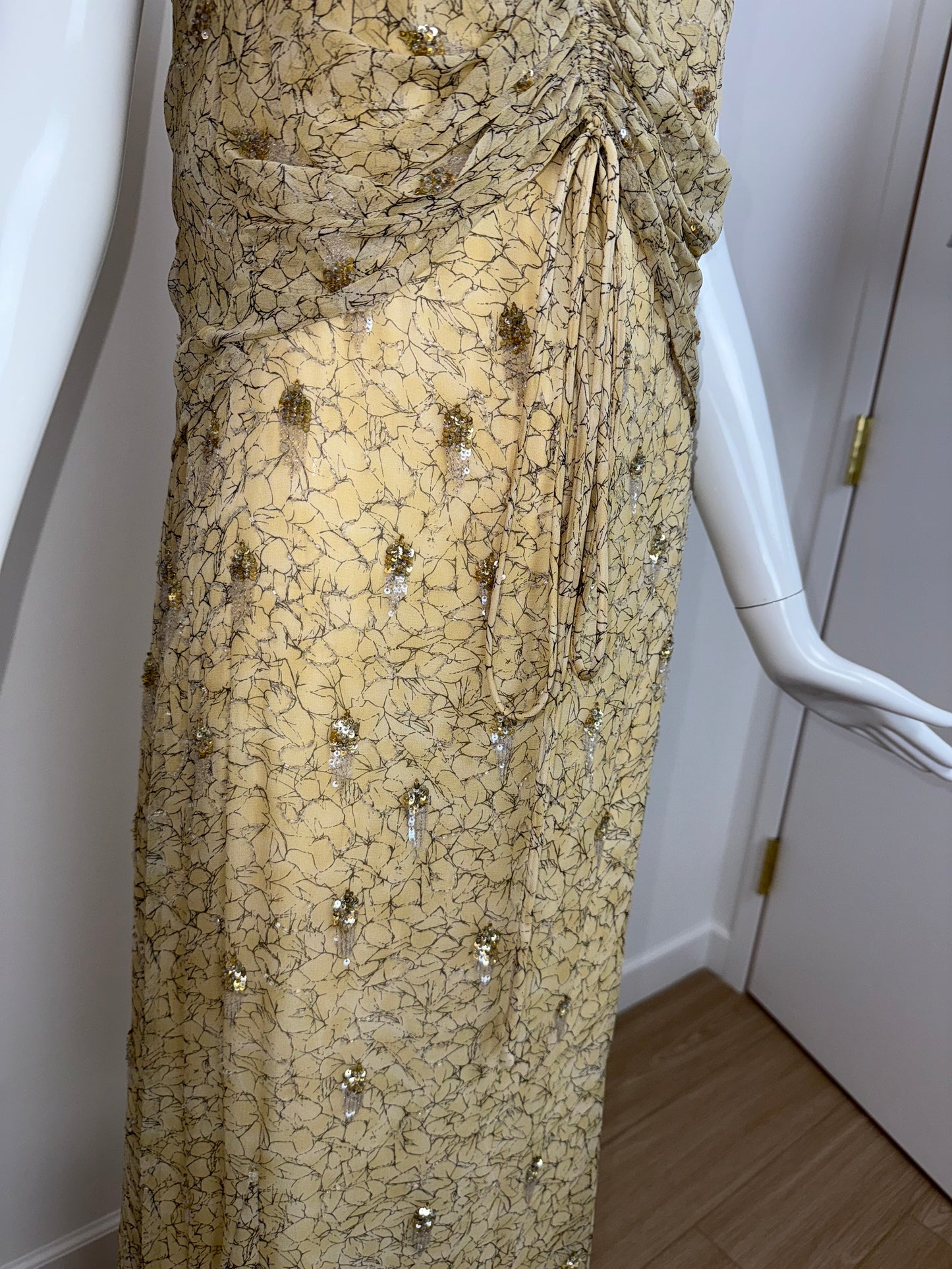 BADGLEY MISCHKA Vintage Silk Yellow Gold Embellished Gown