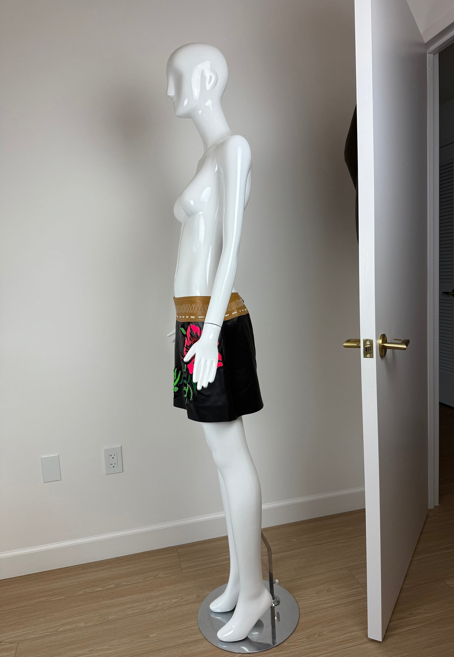 JITROIS Black Neon Floral Leather Mini Skirt