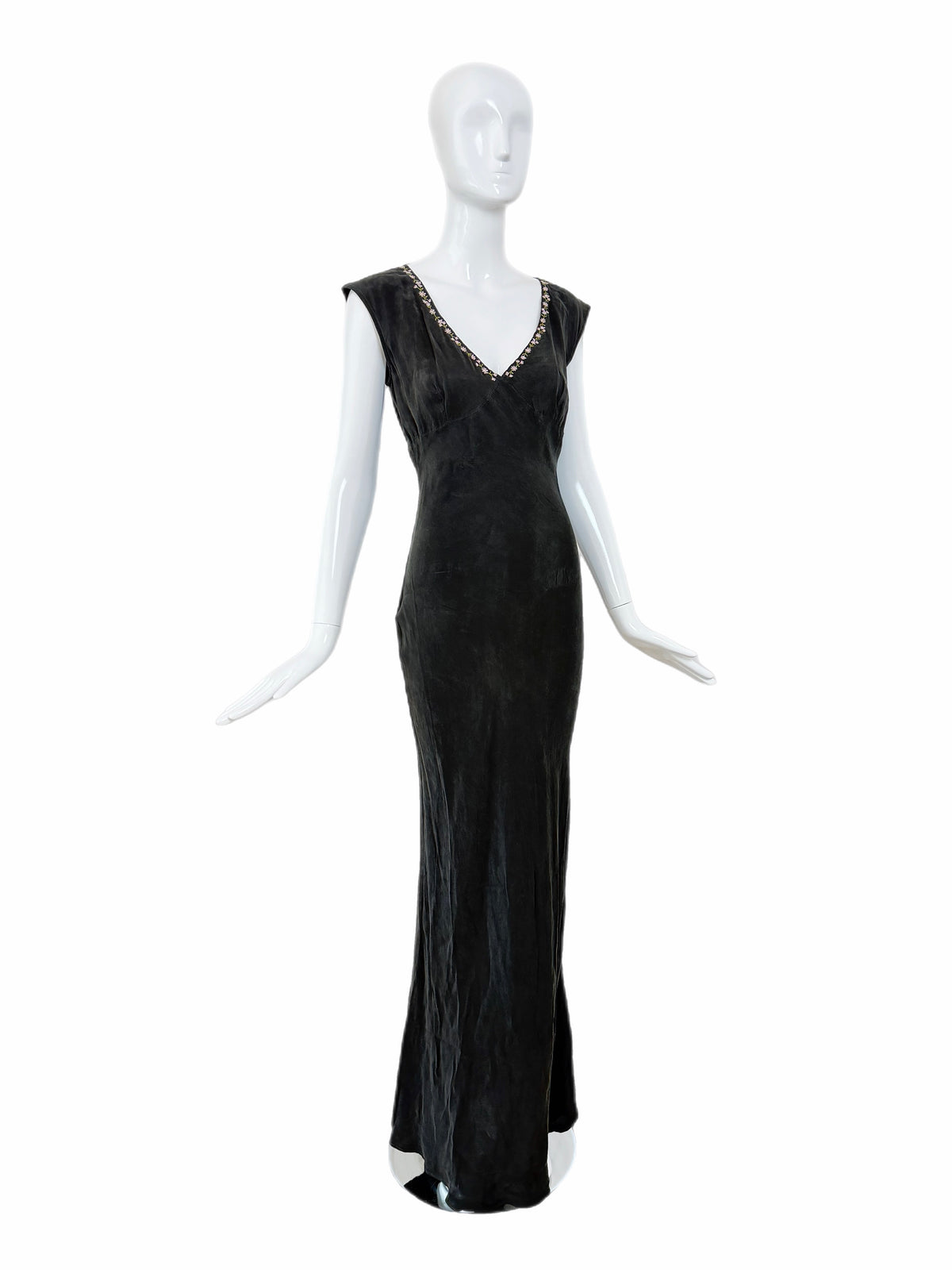 LES HABITUDES 90's Vintage Jet Black Floral Neckline Slip Gown