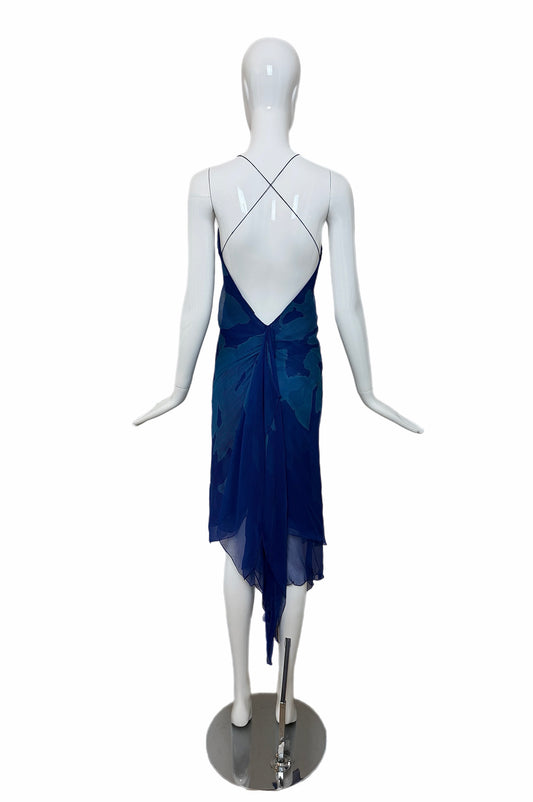 DONNA KARAN (FLAWED) 2000 Vintage Runway Silk Blue Backless Halter Dress