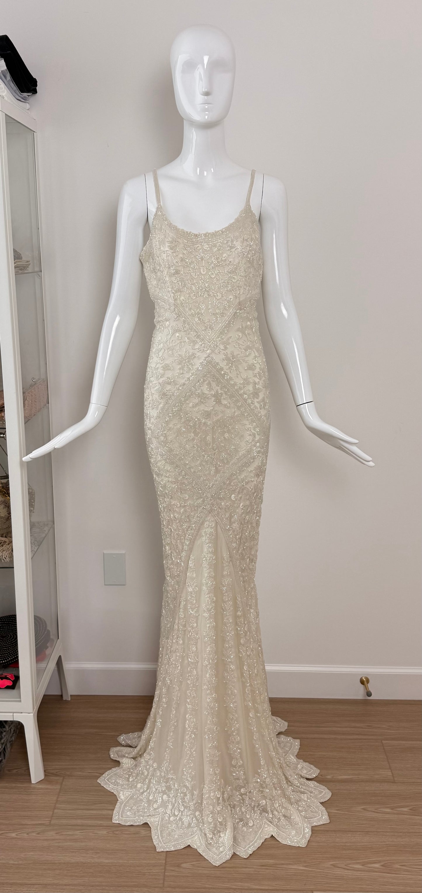 LES HABITUDES 90's Vintage Couture Ivory Iridescent Silk Hand-Beaded Evening Gown
