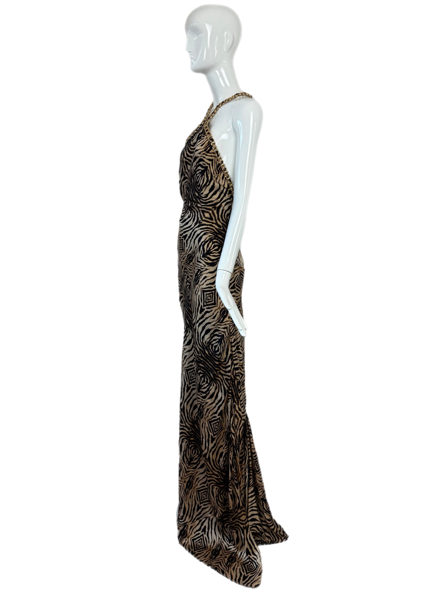 ROBERTO CAVALLI 2006 Vintage Silk Animal Print Gown w. Gold Chains