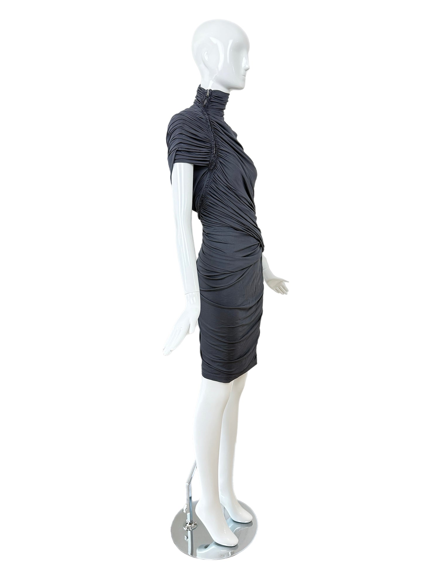 DONNA KARAN Vintage Grey Ruched Zipper Dress