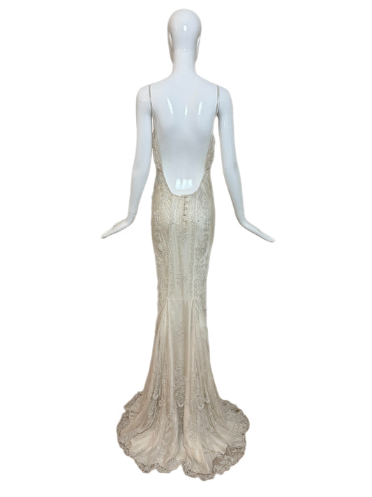 LES HABITUDES 90's Vintage Couture Ivory Beaded Silk Wedding Gown w. Shawl