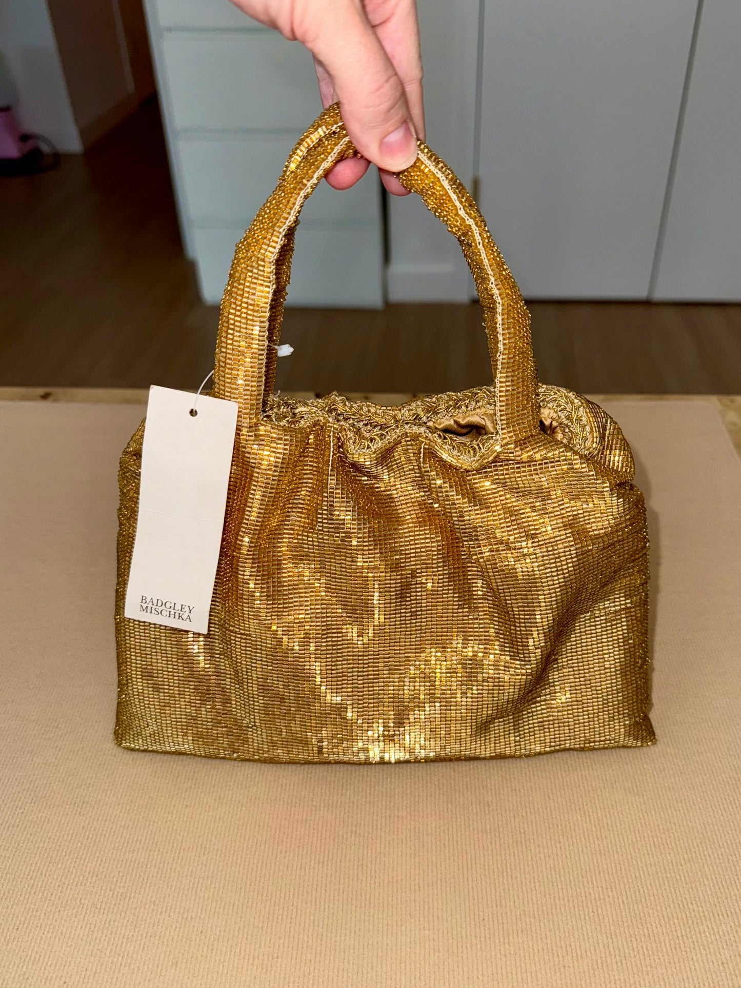 BADGLEY MISCHKA Vintage Gold Entirely Glass Beaded Evening Bag