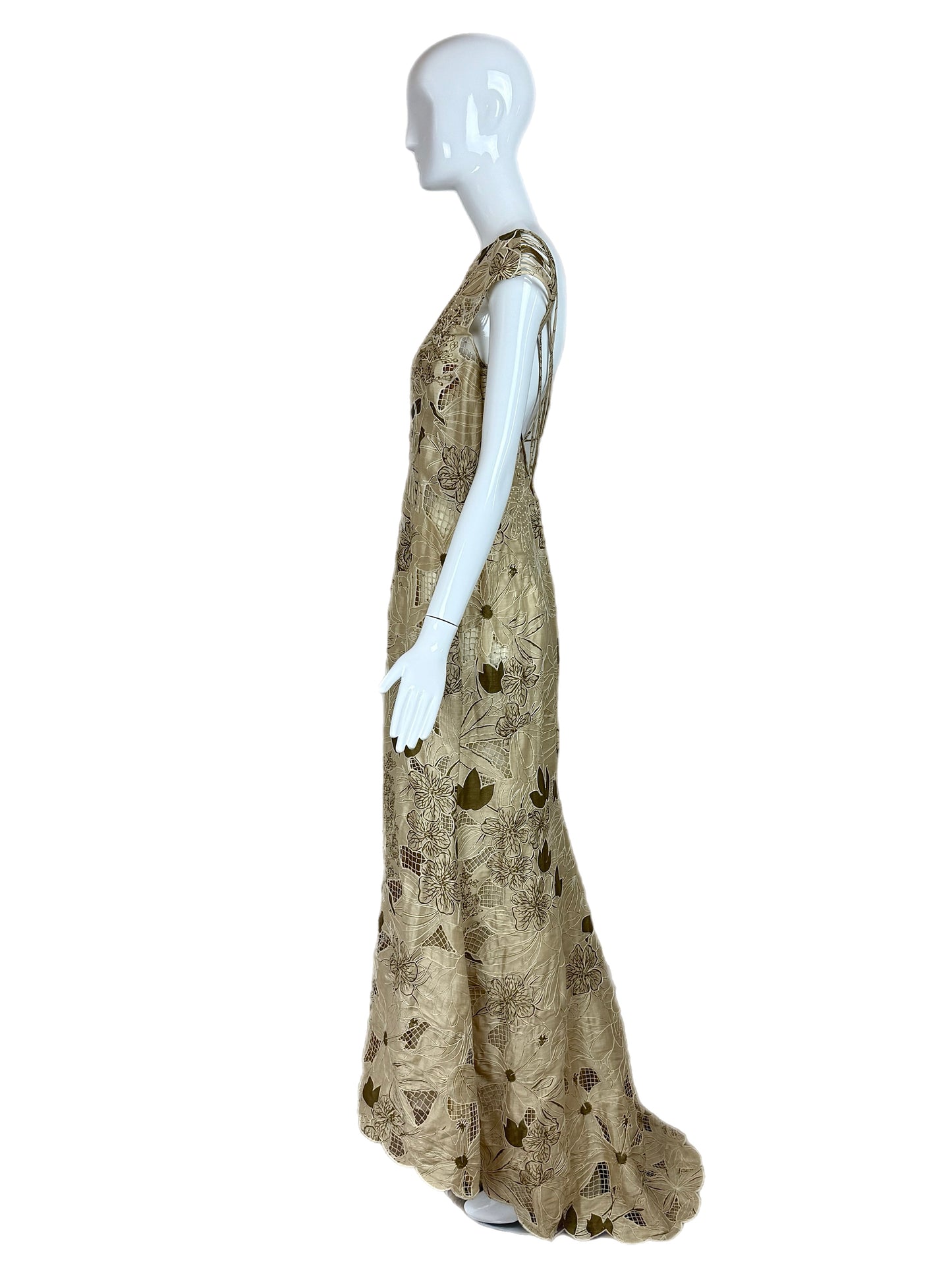 BADGLEY MISCHKA Vintage Floral Khaki Unique Evening Gown