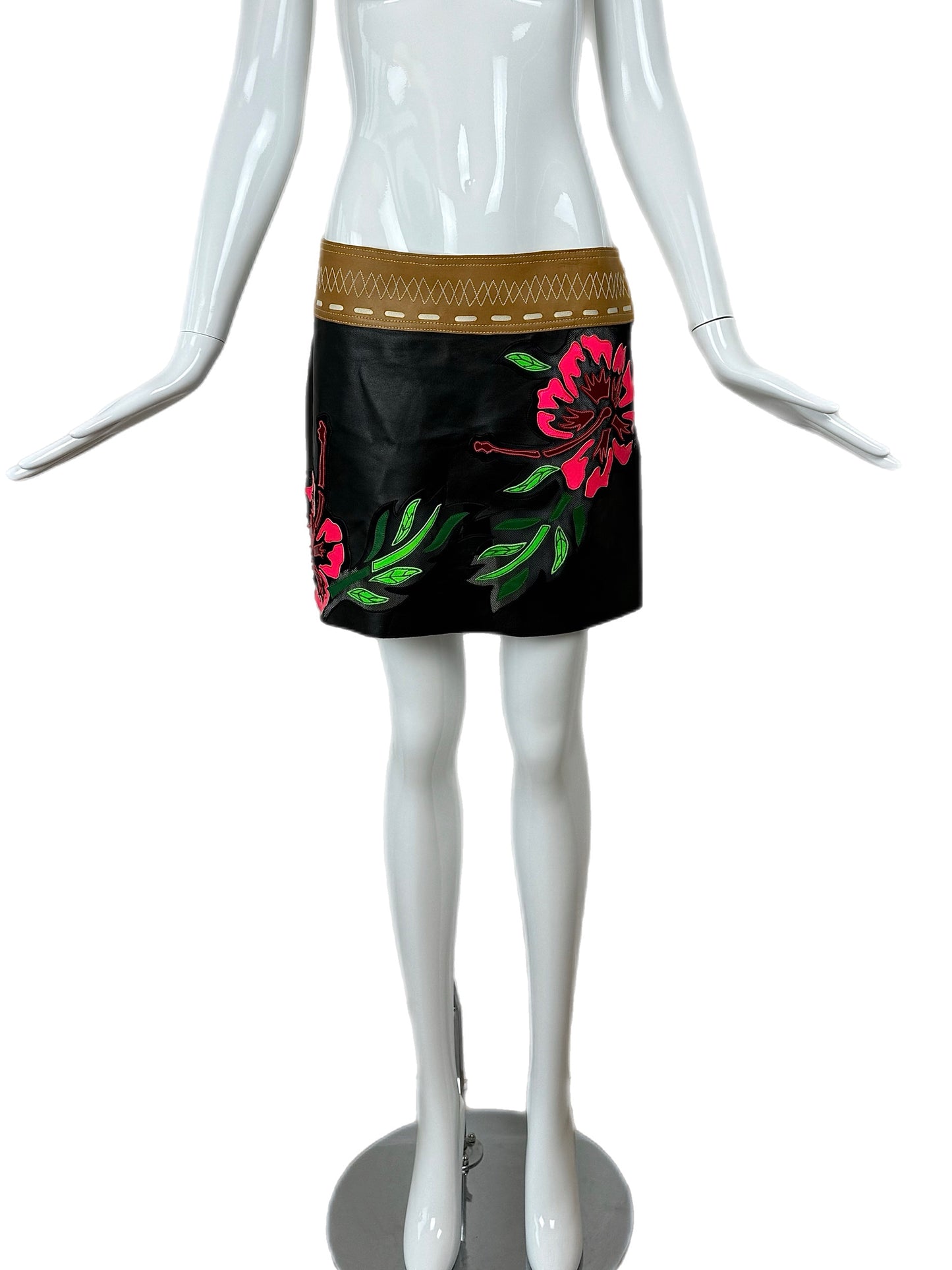JITROIS Black Neon Floral Leather Mini Skirt