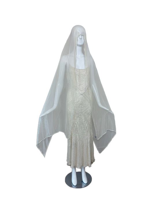 LES HABITUDES 90's Vintage Couture Ivory White Silk Beaded Dress w. Shawl