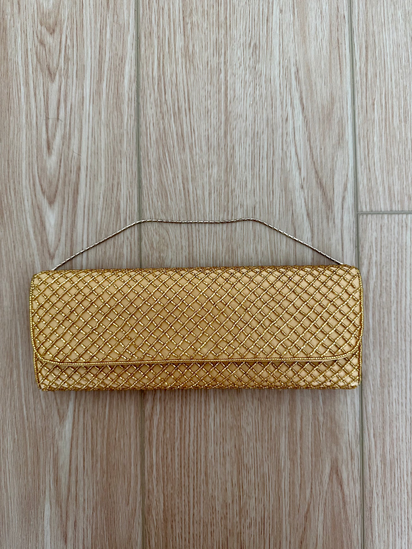 BADGLEY MISCHKA Gold Beaded Satin Envelope Evening Bag
