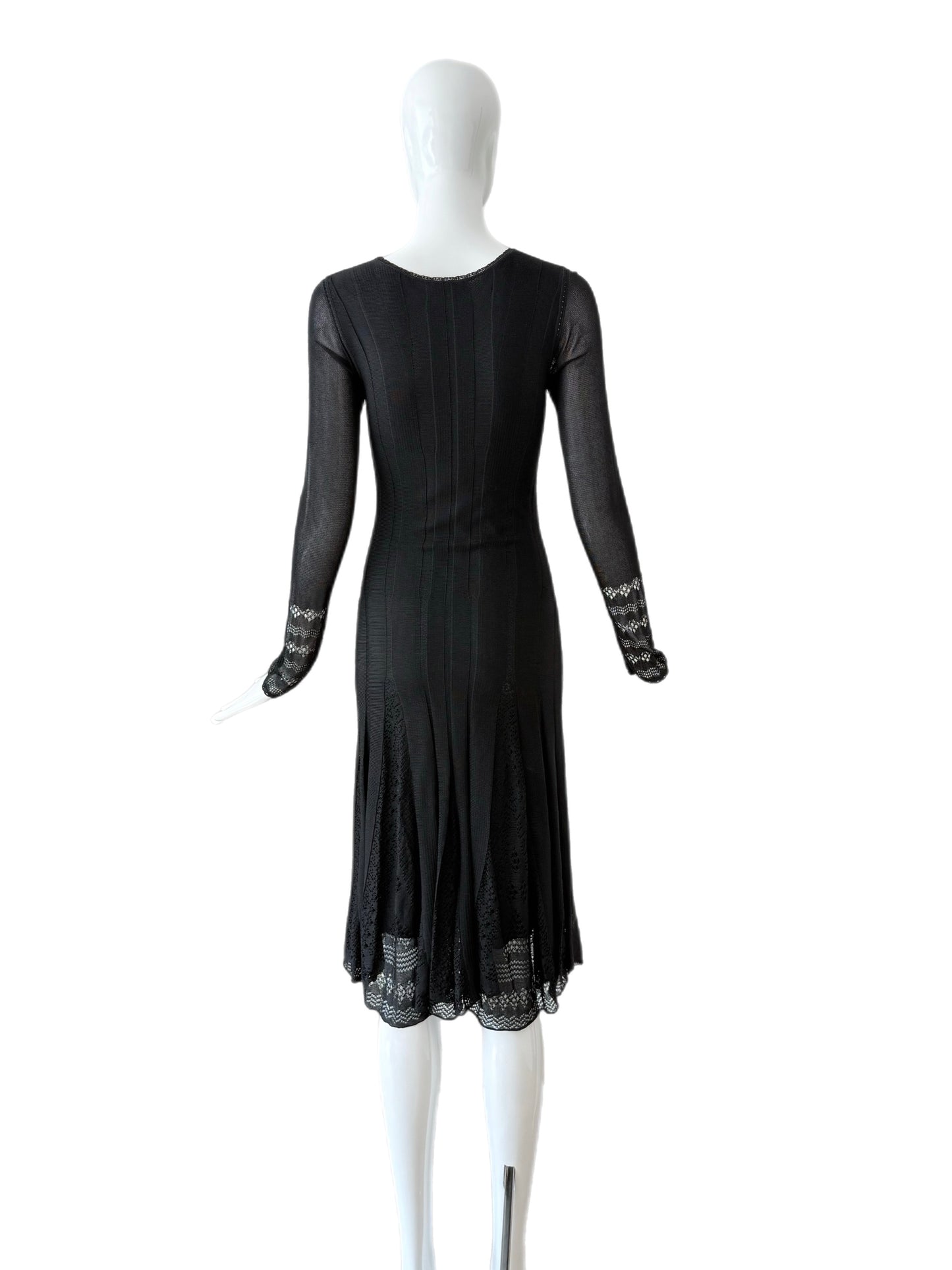 CHANEL 2005 Vintage Long Sleeve Black Lace Pointelle Dress