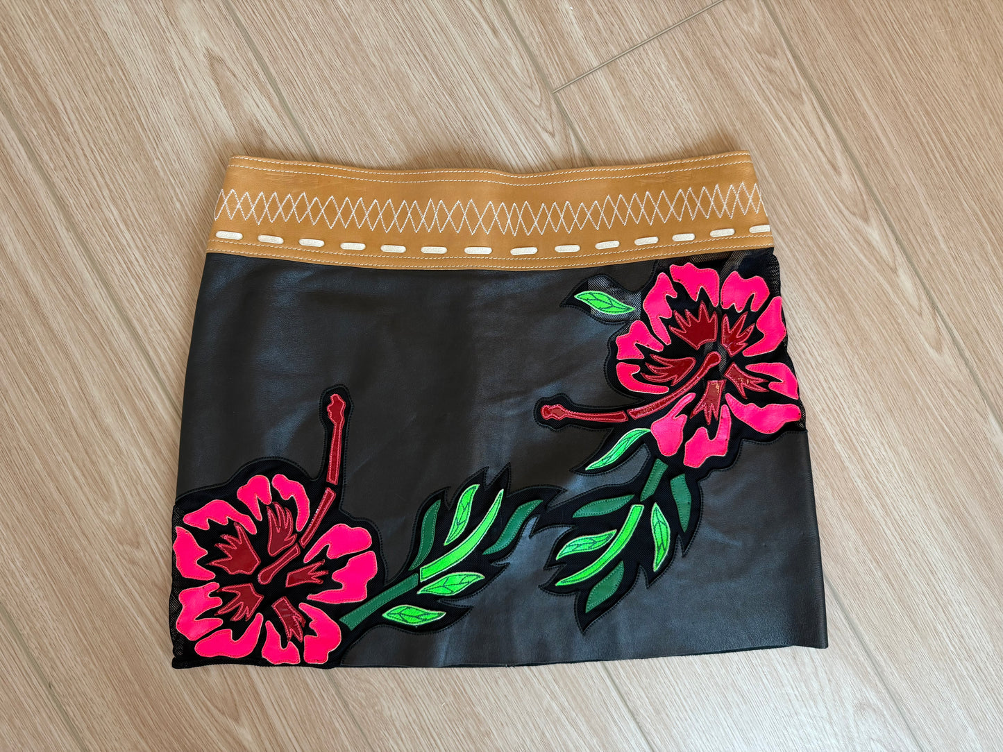 JITROIS Black Neon Floral Leather Mini Skirt