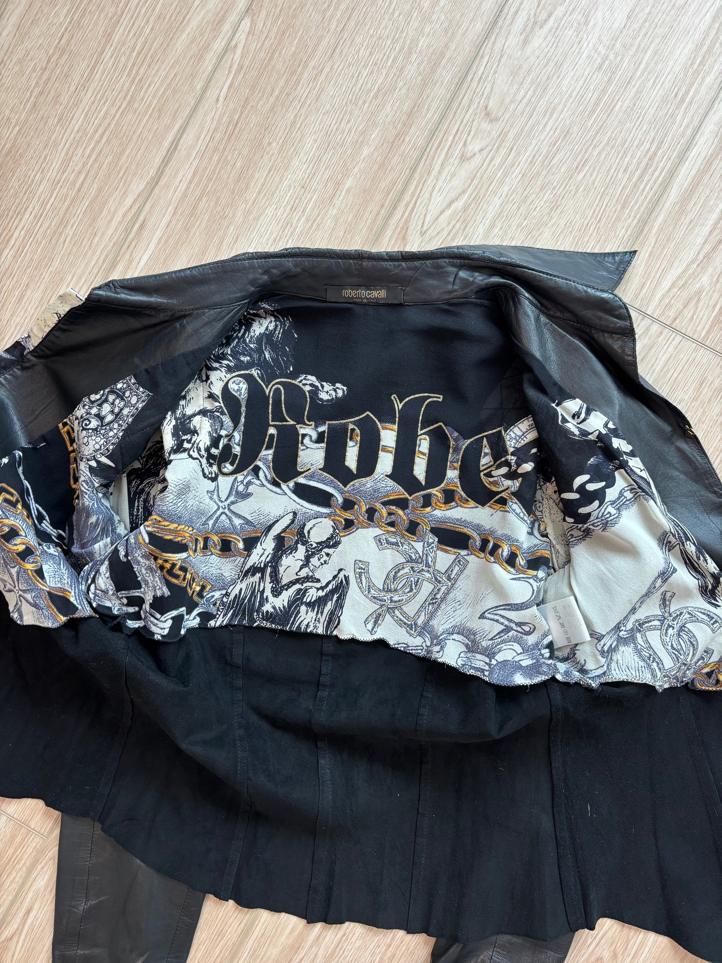 ROBERTO CAVALLI 2003 Vintage Black Leather & Silk Shirt