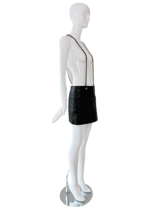CHANEL 2010 Vintage Black Leather Mini Skirt w. Chain Suspenders