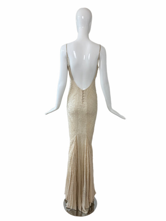 LES HABITUDES 90's Couture Vintage Iridescent Ivory Cream Silk Hand Beaded Bridal Gown