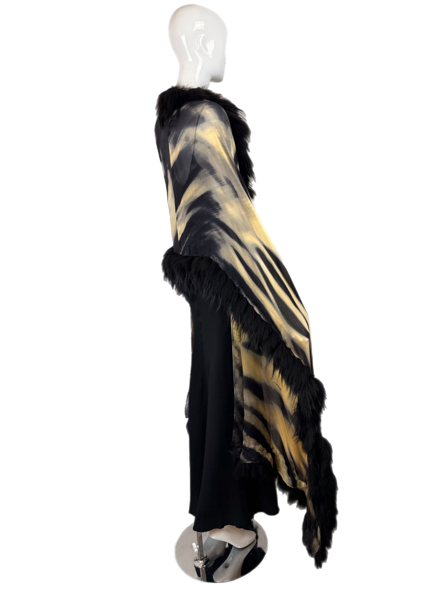 ROBERTO CAVALLI c. 2000 Vintage Fur + Silk Ensemble Maxi Dress Gown + Shawl Cape