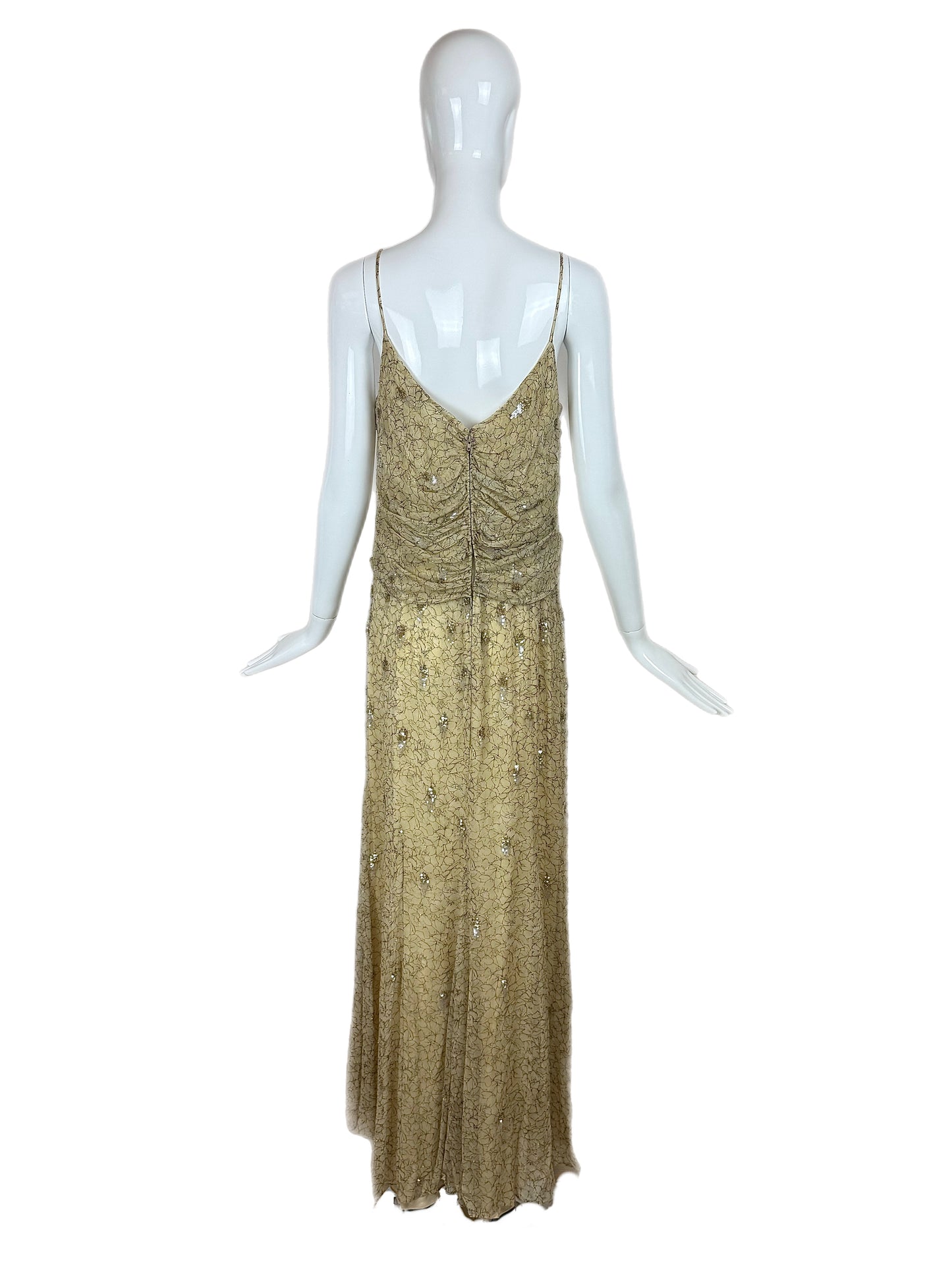 BADGLEY MISCHKA Vintage Silk Yellow Gold Embellished Gown