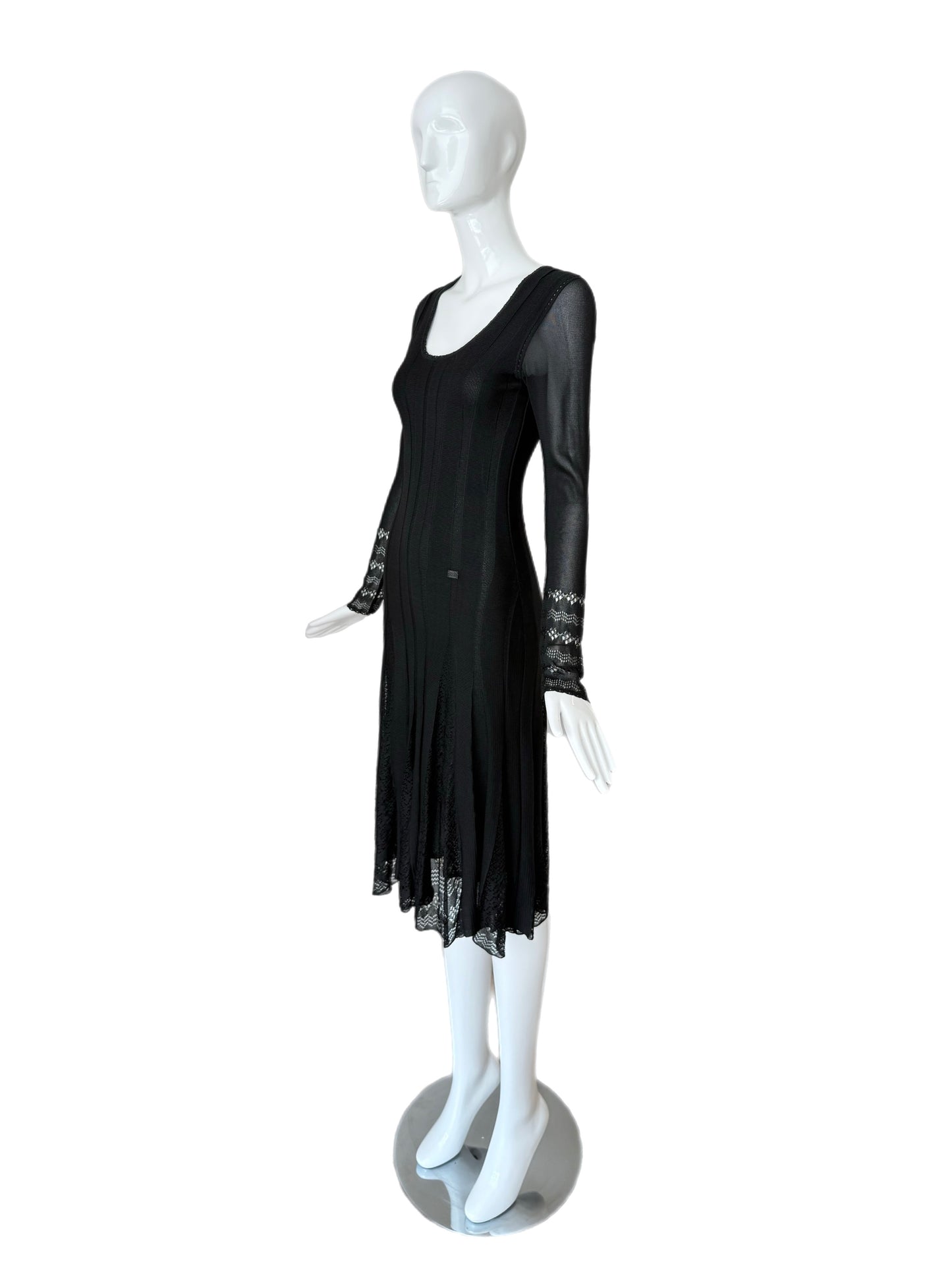 CHANEL 2005 Vintage Long Sleeve Black Lace Pointelle Dress