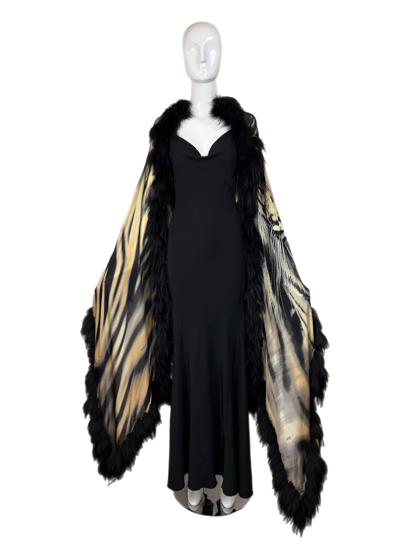 ROBERTO CAVALLI c. 2000 Vintage Fur + Silk Ensemble Maxi Dress Gown + Shawl Cape