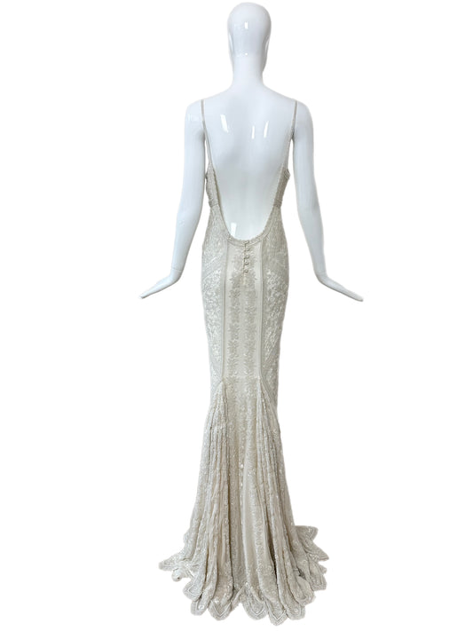 LES HABITUDES 90's Vintage Couture Hand-Beaded w. Pearls White Silk Bridal Gown