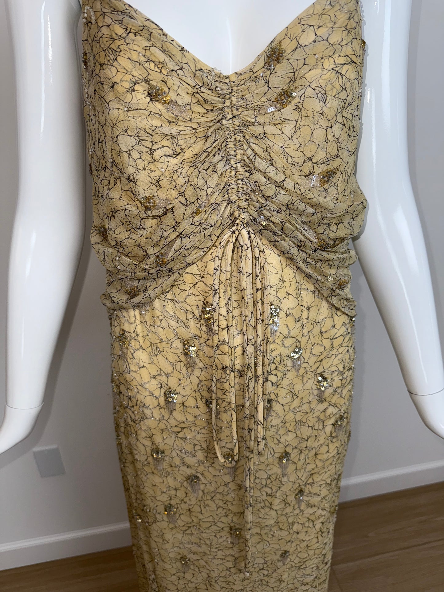 BADGLEY MISCHKA Vintage Silk Yellow Gold Embellished Gown