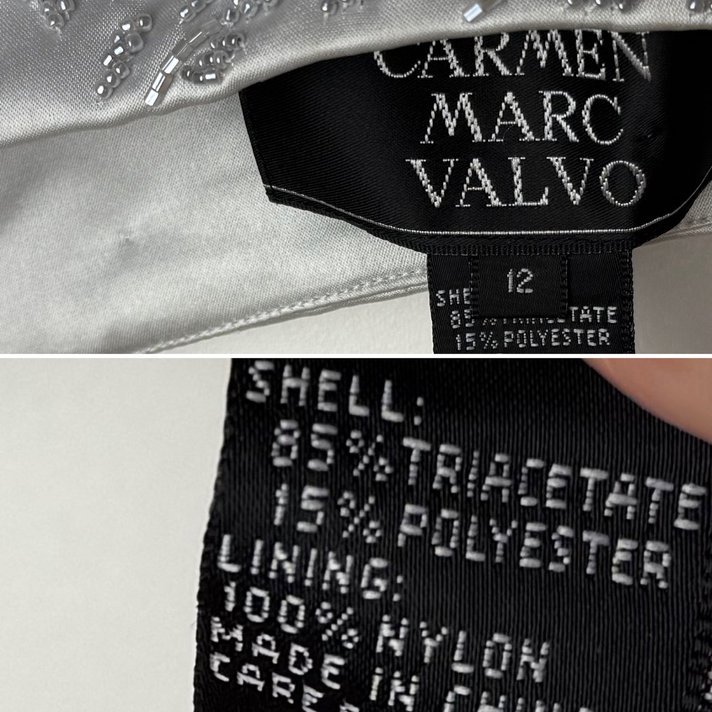 CARMEN MARC VALVO 90's Vintage Silver Beaded Evening Gown