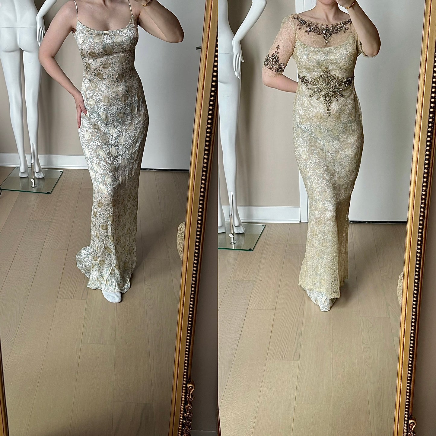 BADGLEY MISCHKA Vintage Slip Gown w. Delicate Lace Embellished Overlay