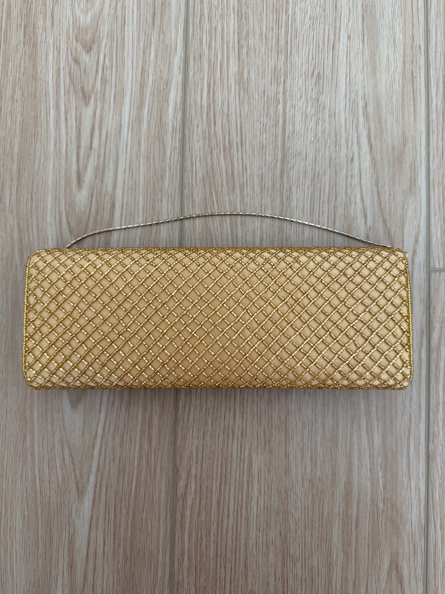BADGLEY MISCHKA Gold Beaded Satin Envelope Evening Bag