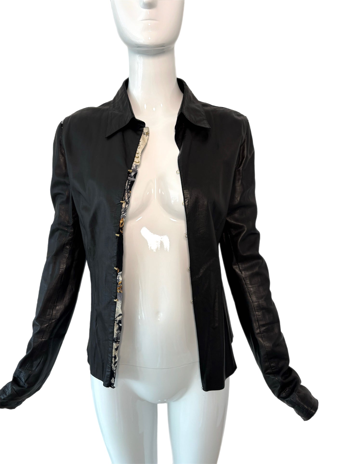 ROBERTO CAVALLI 2003 Vintage Black Leather & Silk Shirt